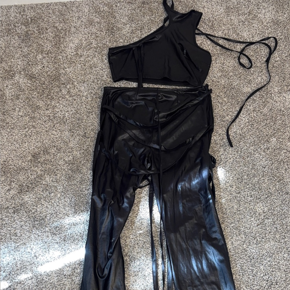Chic Black Asymmetrical leather Women's pants and shirt set